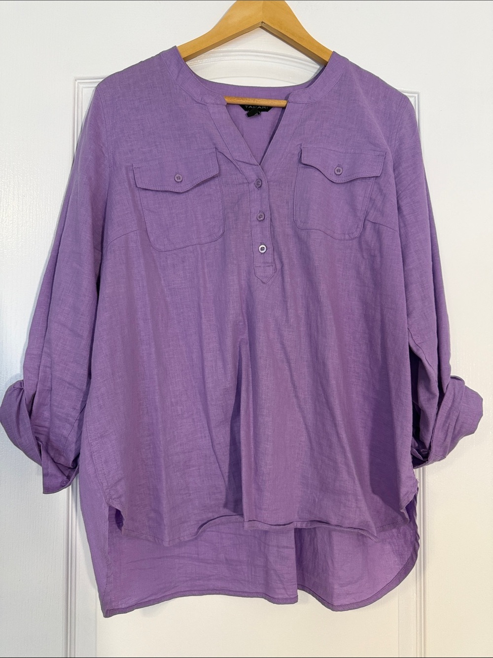 TAHARI Purple Linen Blend Roll Tab Sleeve Henley Tunic Blouse XL